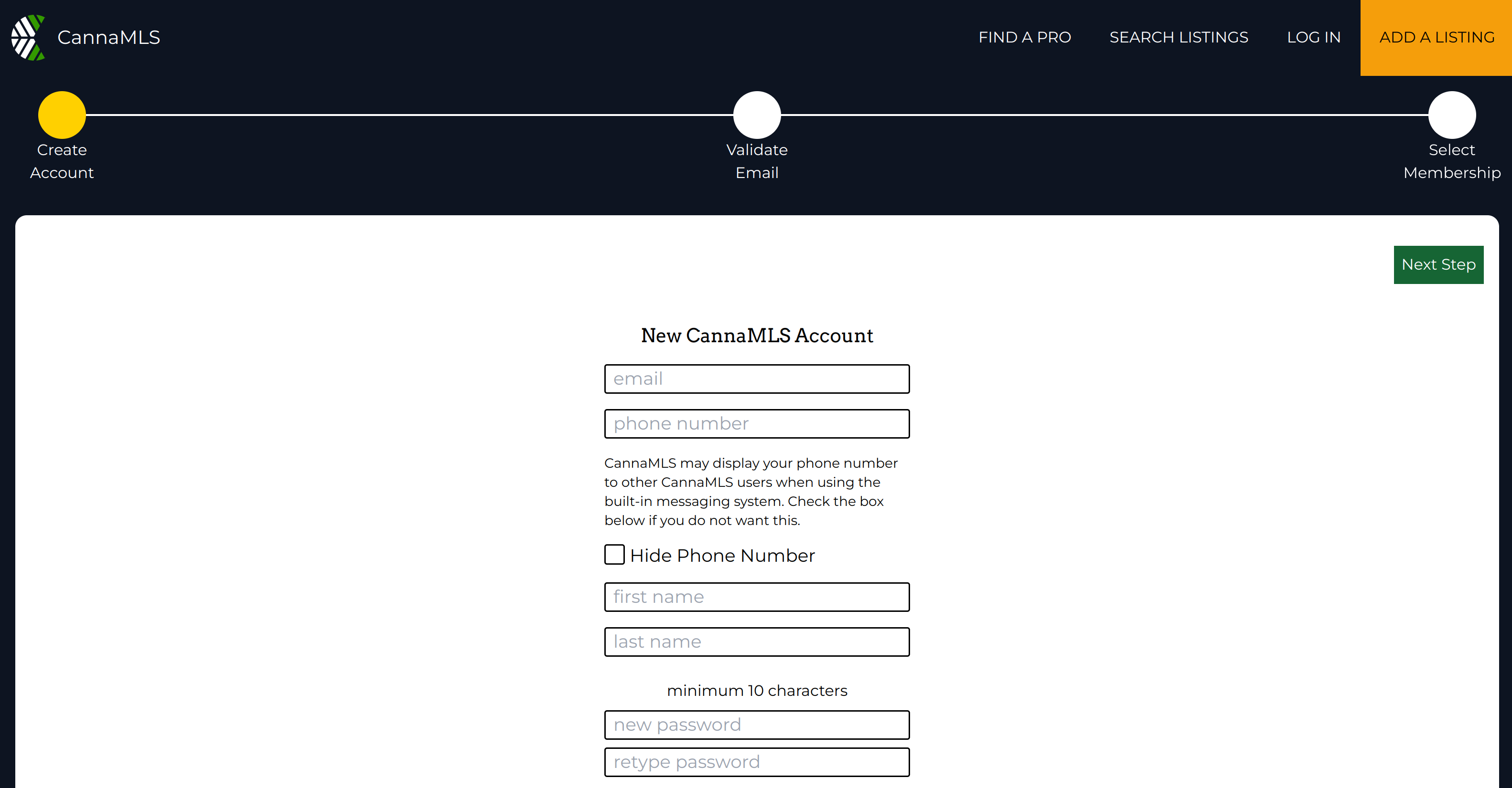 screenshot of the CannaMLS signup page