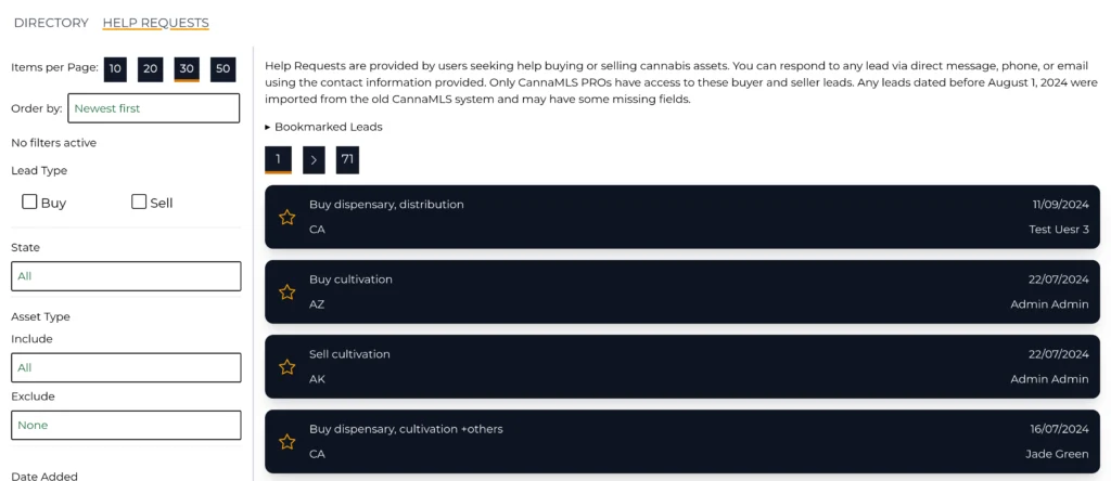 a screenshot of the CannaMLS Help Request catalog