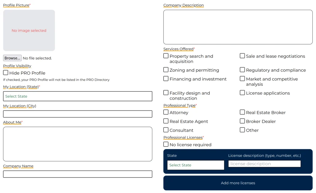 screenshot of the CannaMLS PRO account form