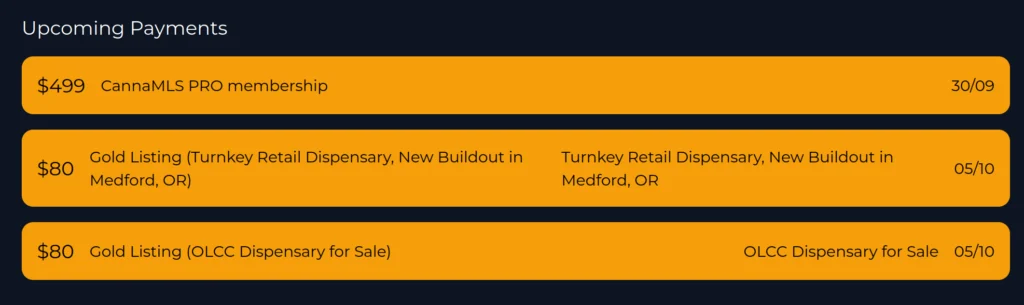 a screenshot of the CannaMLS upcoming payments section on the Payment Settings page