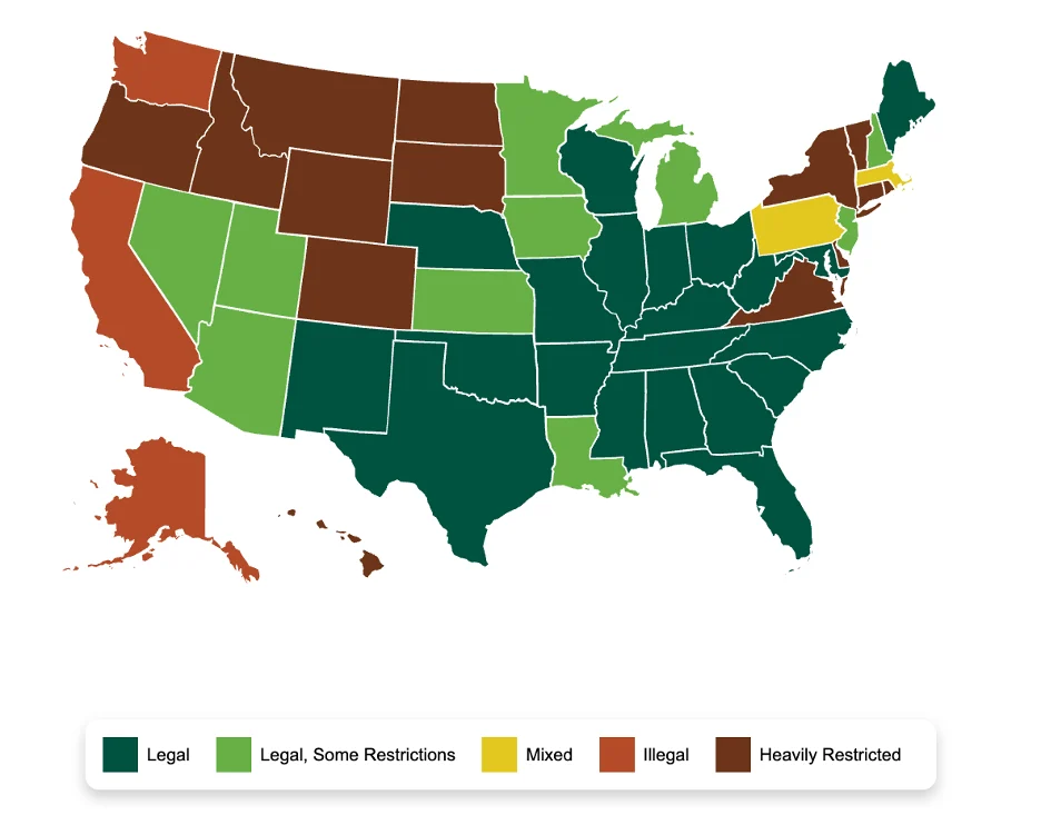 map of the legal status of intoxicating hemp-derived cannabinoids in each US state