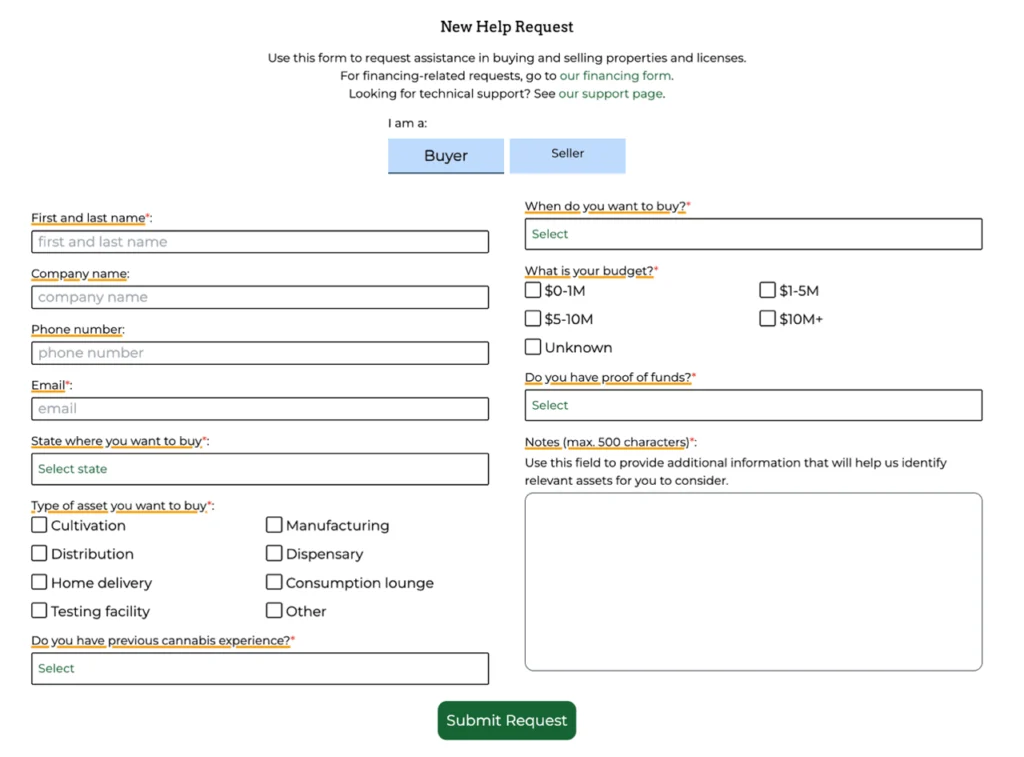 screenshot of the CannaMLS Help Request form