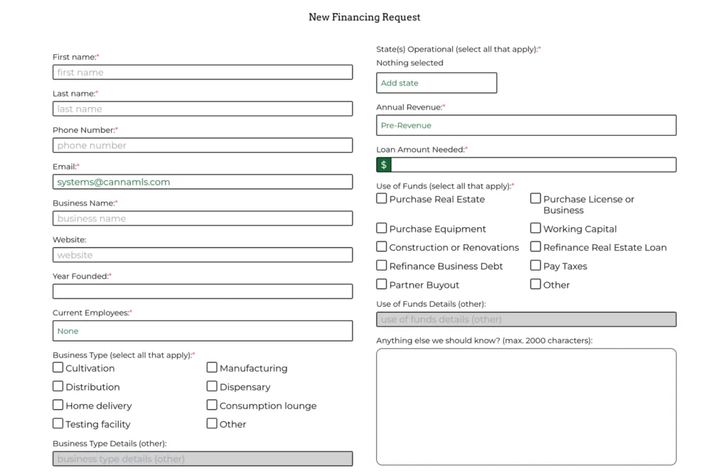 a screenshot of the CannaMLS Financing Request form