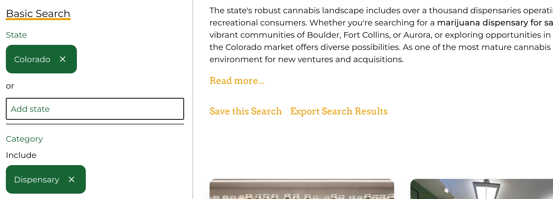 a screenshot of the top of the CannaMLS listing catalog, with two filters active and the "Save this Search" button visible