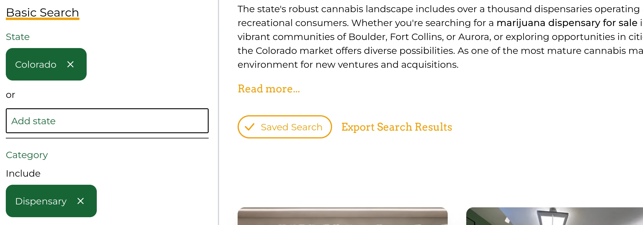 a screenshot of the Listing Catalog page, with two filters active, showing the "Saved Search" indicator above the listing grid