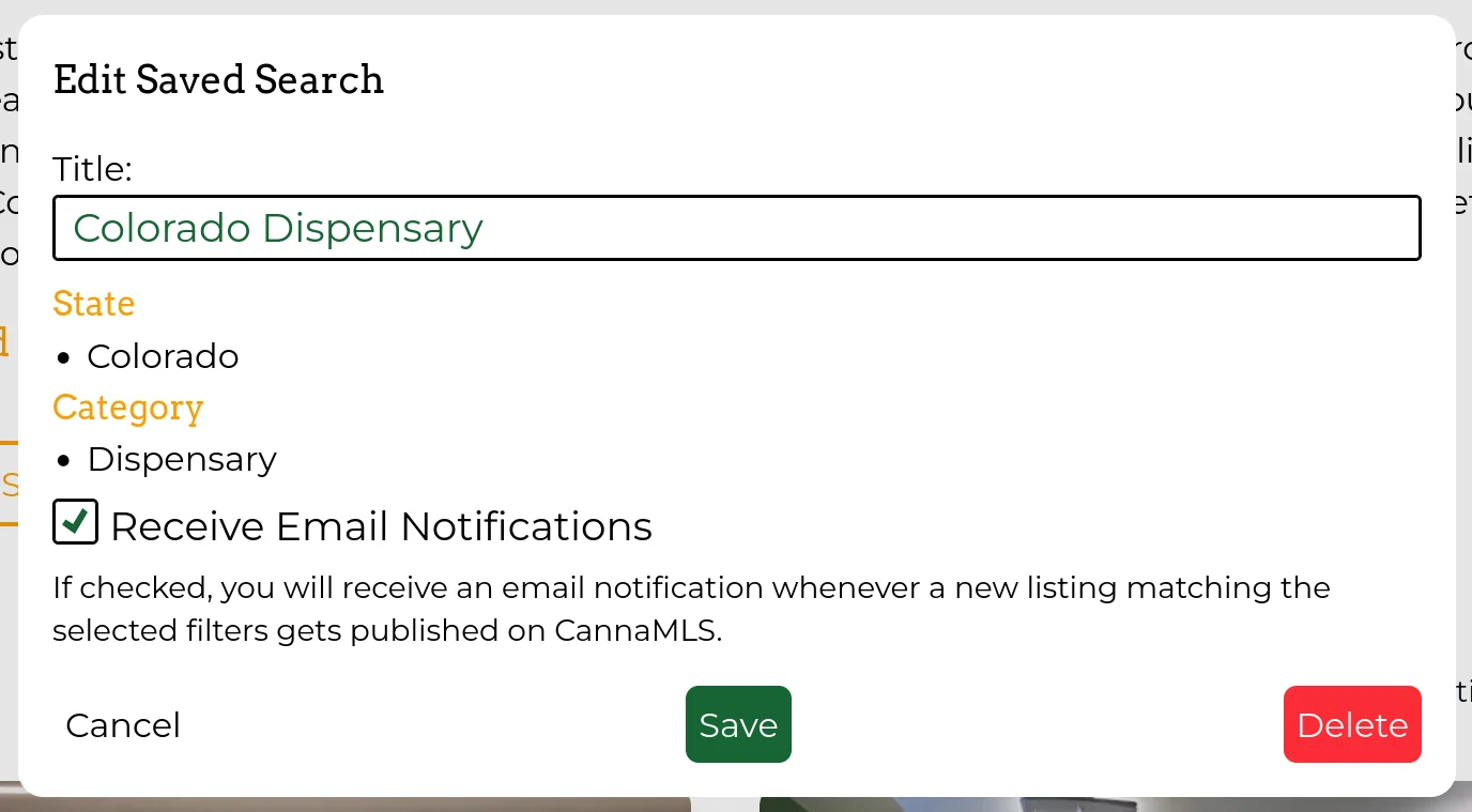 a screenshot of the Saved Search dialog editing an existing Saved Search