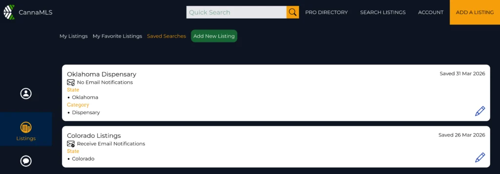 a screenshot of the Saved Search management page for a CannaMLS user account, showing the menu items that are required to navigate to the page, as well as two saved searches