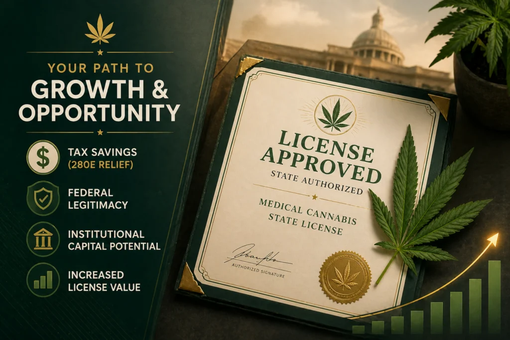 decorative image showing the main subjects of the blog post: cannabis rescheduling, tax savings, federal legitimacy, institutional capital potential, increased license value