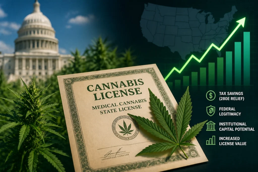 decorative image showing the main subjects of the blog post: cannabis rescheduling, tax savings, federal legitimacy, institutional capital potential, increased license value