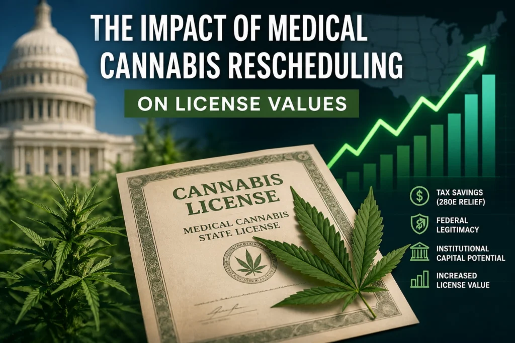 decorative image showing the main subjects of the section: cannabis rescheduling, tax savings, federal legitimacy, institutional capital potential, increased license value