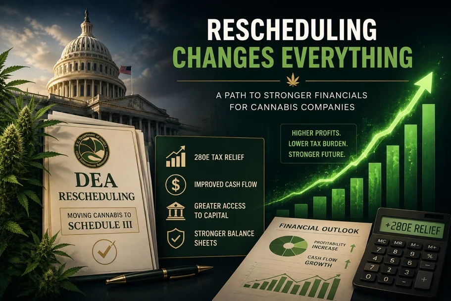 decorative image showing the main subjects of the section: 280E Tax Relief, Higher Profits, Lower Tax Burden