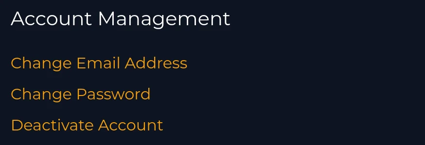 a screenshot of the "Account Management" section if the user settings page, with the "Deactivate Account" option visible at the bottom.