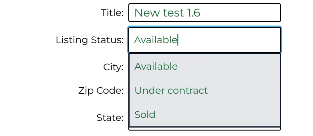 a screenshot of the top of the listing editor, with the Listing Status combo box open, showing three options: Available, Under Contract, and Sold