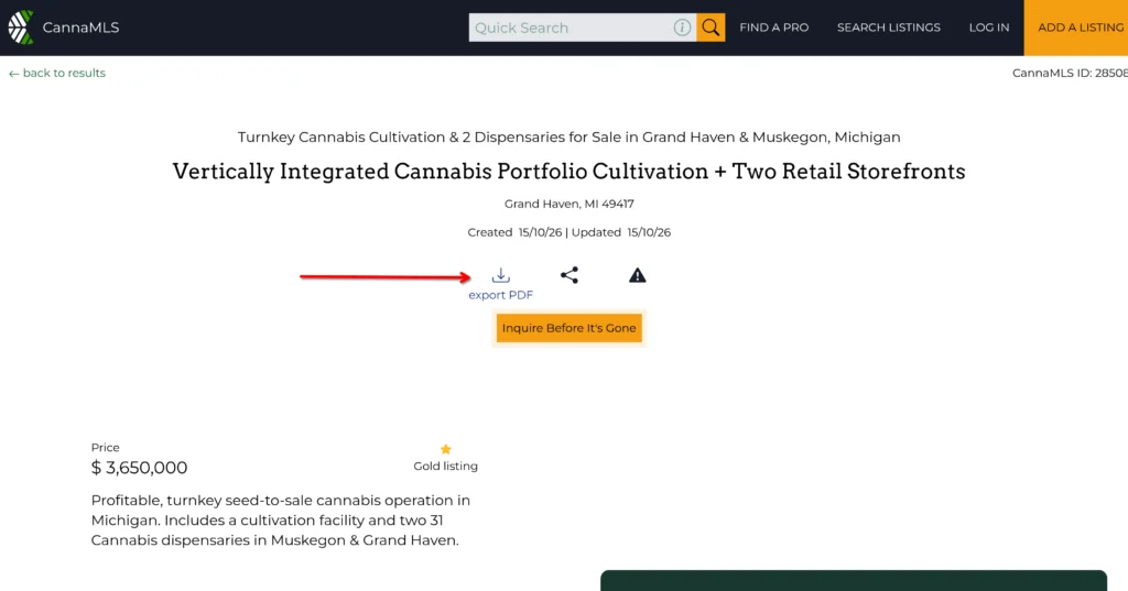 a screenshot of a CannaMLS listing page, showing the location of the "export PDF" button, highlighted with a red arrow
